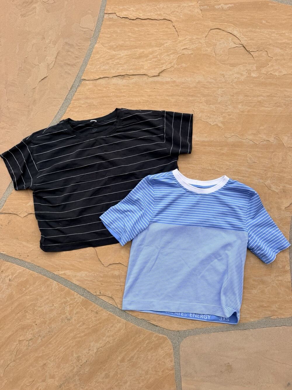 Lululemon Blue Black Cropped Athletic Top Short Sleeve Women's Size XXXS Lot 2